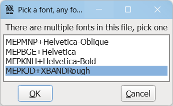 A screenshot of FontForge opening a PDF brochure from the "Piracy is a Crime" campaign, showing that it is using the font XBAND Rough, an unlicensed clone of the font FF Confidential.